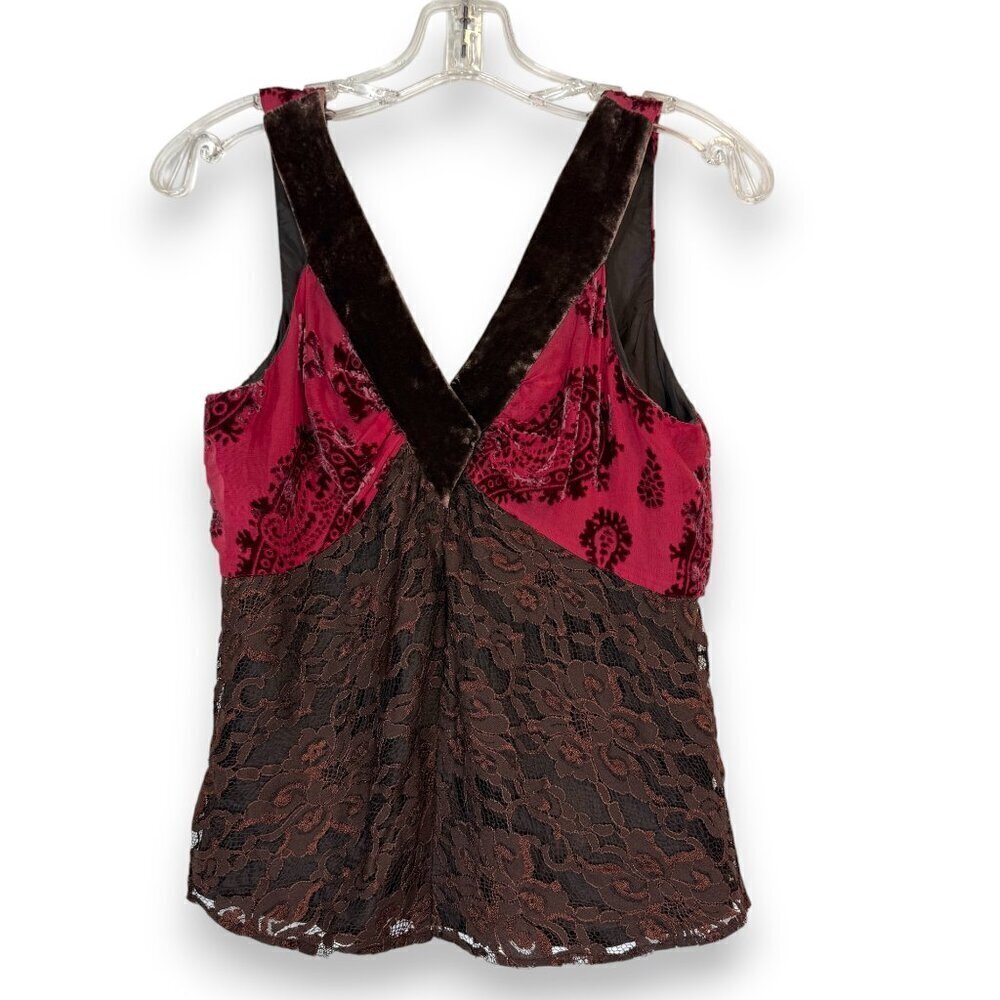 Vintage Y2K Tank Top Velvet Lace Silk Brown Small - Picture 9 of 9